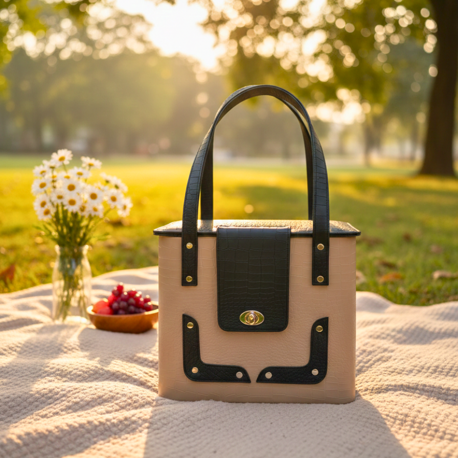 Beige and black handbag on a picnic blanket with flowers and fruit in a park setting.