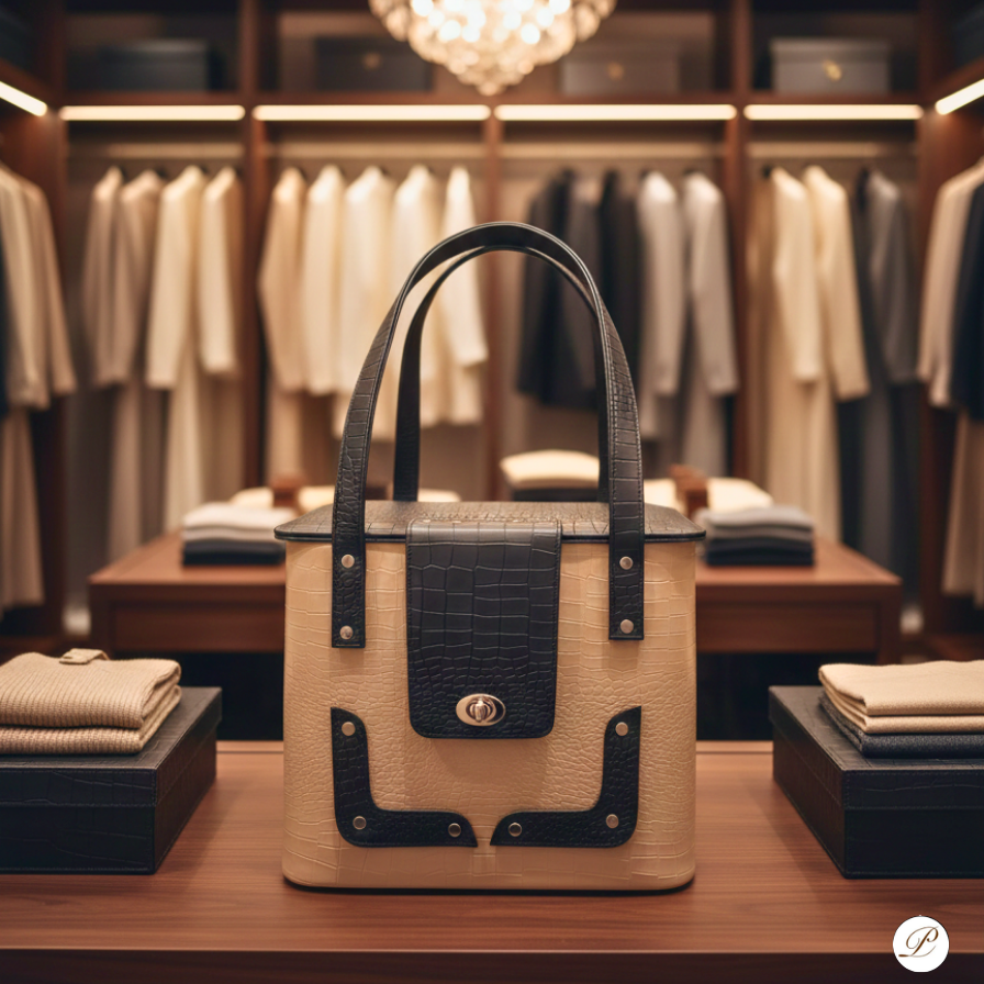 Black and beige handbag on a wooden surface with a clothing store background
